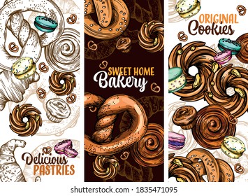 Set of vector greeting cards with pastries, buns, cookies, donuts and other Goodies. Colorful illustration for the cover and menu.
