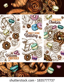 Set of vector greeting cards with pastries, buns, cookies, donuts and other Goodies. Colorful illustration for the cover and menu.