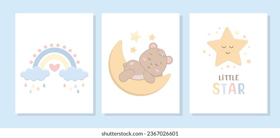 A set of vector greeting cards and posters. Cute cartoon bear cub with a rainbow, a star and a cloud. 