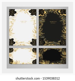 Set of vector greeting cards with roses and golden plants on a white and black background with place for text.