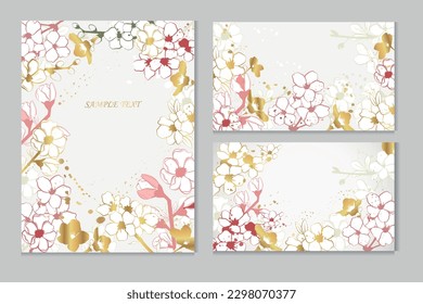 Set of vector greeting cards with  sakura flowers in line art style with place for text. Golden plants.	