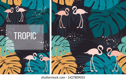 Set of vector greeting cards and seamless patterns with tropical leaves and flamingo