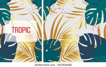 Set of vector greeting cards and seamless patterns with tropical leaves 