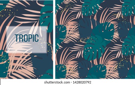 Set of vector greeting cards and seamless patterns with tropical leaves