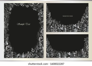 Set of vector greeting cards with silver plants on black background