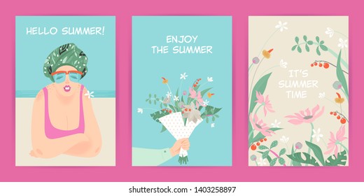 Set of vector greeting cards with summer illustrations of flowers and cute character