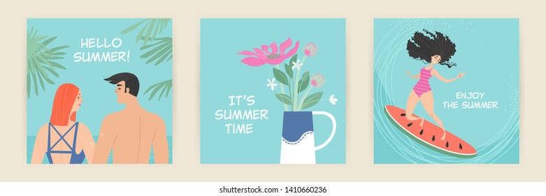 Set of vector greeting cards with summer illustrations of cute cartoon characters. Summer design elements