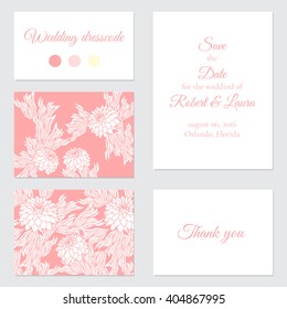 Set of vector greeting cards for wedding, save the date, elegant invitation template for marriage, aster; peony; chrysanthemum or dahlia