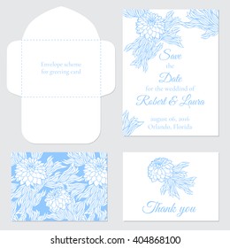 Set of vector greeting cards for wedding, save the date, elegant invitation template for marriage, aster; peony; chrysanthemum or dahlia