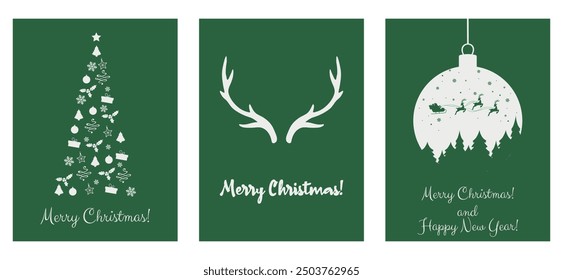 Set of vector greeting Christmas postcards with Christmas Tree made of stars, hearts, trees, Deer antlers and Christmas ball design of Santa Claus flies in a sleigh with reindeer green background. 