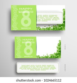 Set of vector greeting green and white envelope with insert for 8 of March - International Women's Day with floral pattern on the gray background.