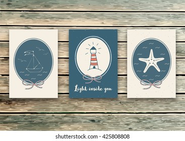 Set of vector greeting, invitation card template in marine style. Celebration design. 