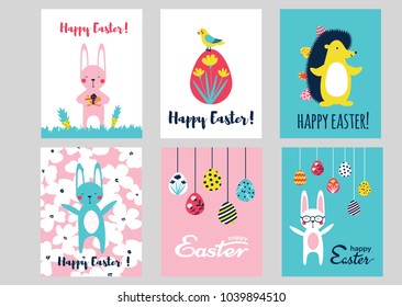 a set of vector greeting postcards, vertical posters or backgrounds; with phrase Happy Easter; cute little animals - bunny, bird; hanging Easter eggs; in cartoon flat style; vector illustration