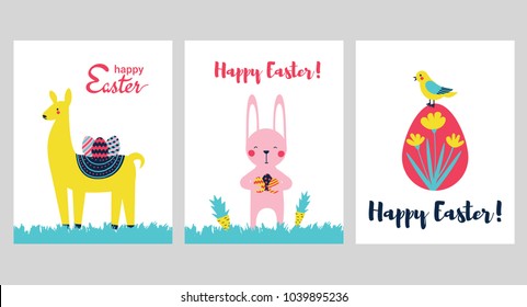 set of vector greeting postcards, vertical posters or backgrounds; with phrase Happy Easter; a cute little animal- Lama, Bunny and Bird; hanging Easter eggs; in cartoon flat style;vector illustration