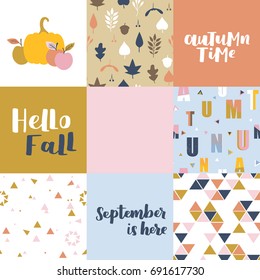 Set of vector greeting posters about autumn. Seamless abstract pattern, illustration and seasonal lettering. Trendy color collection.