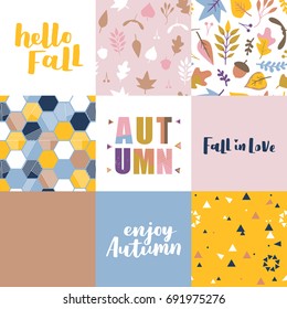 Set of vector greeting posters about autumn. Seamless abstract pattern, illustration and seasonal lettering. Trendy color collection.