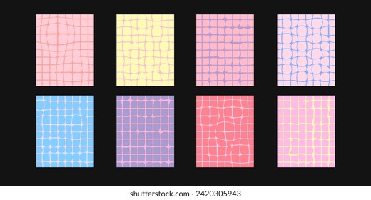 Set of vector groovy distorted bright patterns. Collection of mesh and funky poster backgrounds