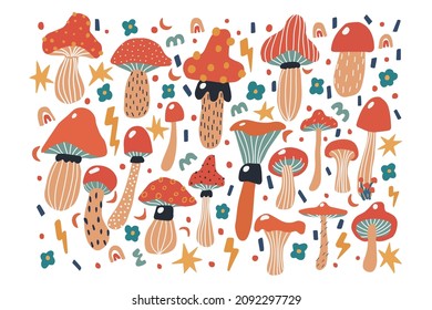 Set of vector groovy doodle mushrooms. Hand drawn magic fly agarics cartoon illustration in trendy vintage colors. Flat design.