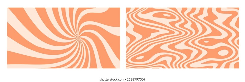 Set of vector groovy hippy psychedelic y2k backgrounds. Orange color trippy twisted simple geometric abstract lolly pop textures. Salted caramel background. Funky summer swirl twirl ice-cream patterns