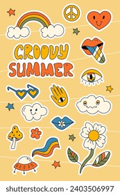 Set of vector groovy summer stickers with rainbow, flowers, heart, clouds and hand drawn lettering. Flat illustration set on yellow background