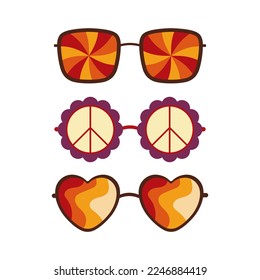 Satz von Vektor-Groovy-Sonnenbrillen. Retro psychedelische Brille.Vektorgrafik im Stil der 70er, 80er Jahre