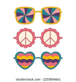 Set of vector groovy sunglasses. Retro psychedelic glasses.Vector illustration in 70s, 80s style