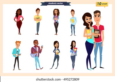 Set of vector group of students with books and gadget isolated on background. Different nationalities and dress styles. Cute and simple flat cartoon style. young guys and girls. students characters.