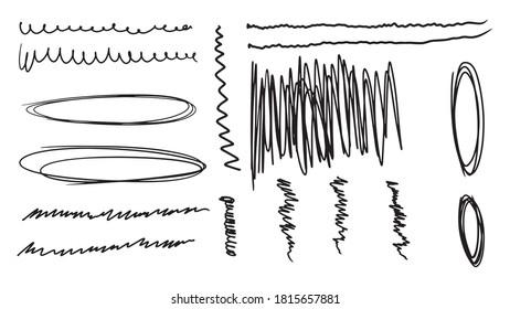 Set von künstlerischen Federbürsten aus Vektorgrunge. Abstrakte handgezeichnete farbige Striche, Vektorgrafik-Schreib-Striche und Designelemente