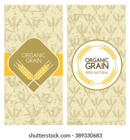 Set of vector grunge backgrounds for banner, label, package template. Wheat grain seamless pattern. Concept for organic products, harvest and farming, grain, bakery, healthy food.
