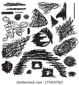 Satz von Vektorgrafikbrühen, schwarzen Schraffuren. Bleistiftzeichenformen. Doodle-Design-Hintergrund.