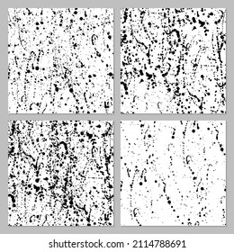 A set of vector grunge black and white seamless patterns with hand drawn texture spray spots. A collection of monochrome artistic illustrations for fabric design, decorative paper, web design.