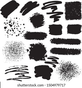 A set of vector grunge brushes. Black stripes on white background. Dirty artistic design elements on withe. Thin brush strokes, geometric shapes, rectangle text boxes. Paint or ink smudges vector for 