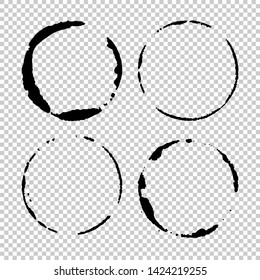 Set of vector grunge circle brush strokes, for frames and design elements. Hand Drawn textures made with ink. Isolated on transparent background. Checkered monochrome backdrop.