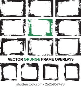 Set of vector grunge frame overlays. Collection of distressed rectangular and square shapes with rough, textured edges, ideal for edgy graphic designs, backgrounds, or artistic effects.