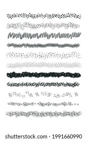 Conjunto de plantilla de pincel de línea de arte de grafito de grunge vector. Texturas de tinta de diferentes formas. Colección de trazos de pincel dibujados a mano, elementos de diseño de garrapatas aislados en fondo blanco