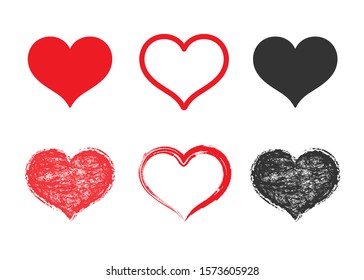 Set of vector grunge heart icons. Hand drawn textured heart shapes for valentines day design, cards or posters.