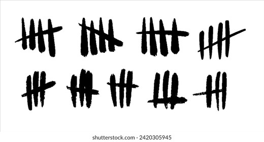 Set of vector grunge icons. Tally marks on wall. Black hand drawn slash strokes isolated on white backdrop