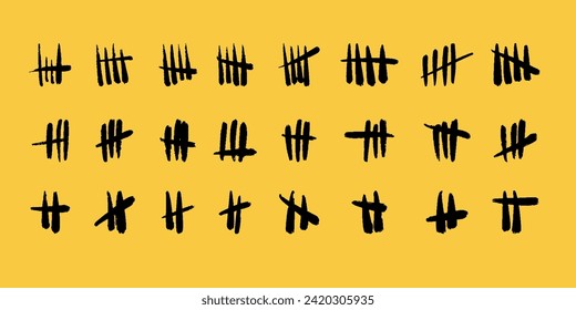 Set of vector grunge icons. Wall tally marks. Black hand drawn slash strokes on yellow backdrop
