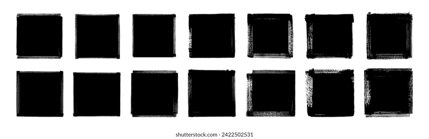 Set of vector grunge ink brush stroke hand-painted squares. Black ink abstract geometric shape collection. Grunge punk rough edge frames. Text box black backgrounds. Dirty grungy distressed rectangles