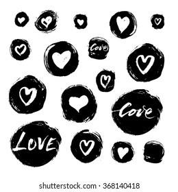 Set of vector grunge ink circles and hearts with handlettering