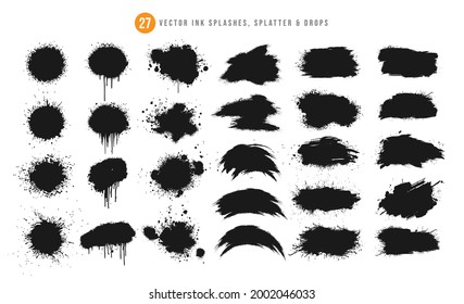 Satz von Vektorfarben Pinselstrich, Farbspritzer und Spatz. Abstrakte Illustration von Verkaufsbanner, Spray, Aquarellstruktur, Rahmen und Dekoration. Grafikdesign-Logo, Symbolhintergrund.