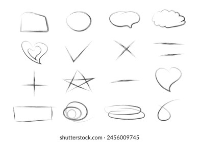 Conjunto de Vector grunge trazos, rayas, garabatos, bocetos dibujados a mano con un marcador, lápiz, pluma, pincel