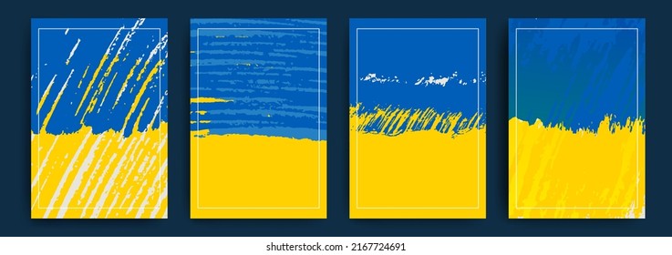 Set of vector grunge textures in the colors of the flag of Ukraine. Stop war. Vector illustration.