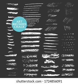 Set of vector grungy chalk art brushes. Chalk textures of different shapes. Easy edit color and apply to any path, write and draw.
