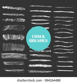 Set of vector grungy chalk art brushes. Chalk textures of different shapes. Easy edit color and apply to any path, write and draw.