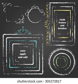 Set vector grungy chalk design elements  Round   square frames and hand drawn decor  Chalk art brushes included  Easy edit color   apply to any path  write   draw 