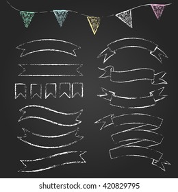 Set of vector grungy chalk design elements. Banners and flags, wavy, arch shapes.