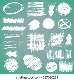 Set of vector grungy design elements. White chalk textures of different shapes. Round, square, stripe and arrow rough scribbles.