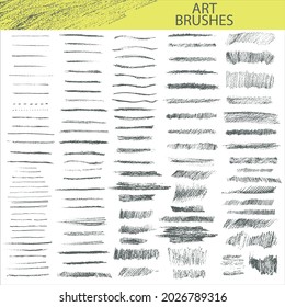 Set vector grungy graphite pencil art brushes  Pencil textures different shapes  lines  thin  thick  hatching  Easy edit color   apply to any path  write   draw