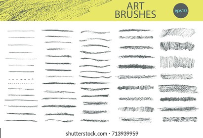 Set of vector grungy graphite pencil art brushes. Pencil textures of different shapes. Easy edit color and apply to any path, write and draw.